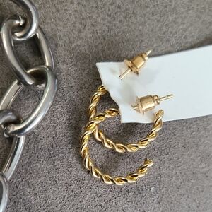 Gold Twisted Huggie Earrings‎ with Rope Texture
